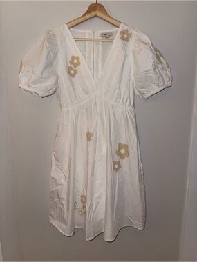 Madewell White Puff-Sleeve Mini Dress with Beige Floral Appliqué